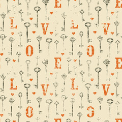 Fototapeta premium Seamless pattern on the theme of love and valentine's day. With keys, hearts and initial letters. Abstract background. Suitable for wallpaper, wrapping paper, fabric, tile, textile. No ai
