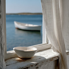 View of a boat through a window with a bowl on the windowsill.