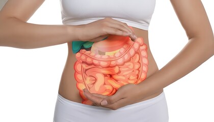 Woman holding her abdomen with a highlighted digestive system illustration overlayed