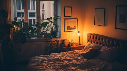 Bedroom with a bed, a lamp, and a window