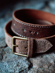A brown leather belt with a brass buckle on a textured surface.