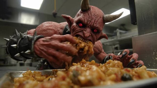 A hungry red demon monster ravenously eats pasta in a commercial kitchen. A scary creature with glowing eyes devours a meal with its hands. Gluttony and monstrous appetite concept