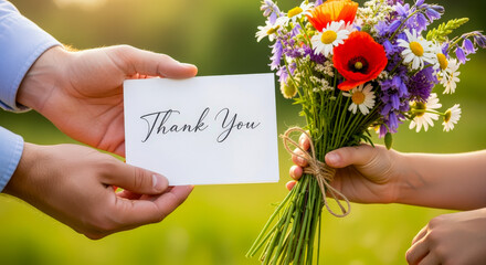Hands exchanging a thank you card and a vibrant bouquet of wildflowers outdoors.