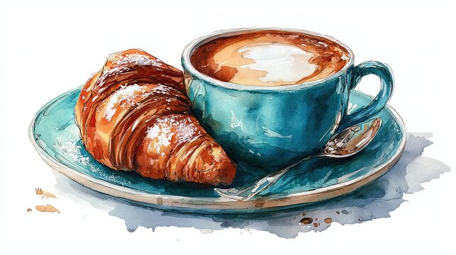 A vibrant watercolor depiction of a croissant beside a steaming cup of coffee on a blue plate, evoking a cozy cafe atmosphere.