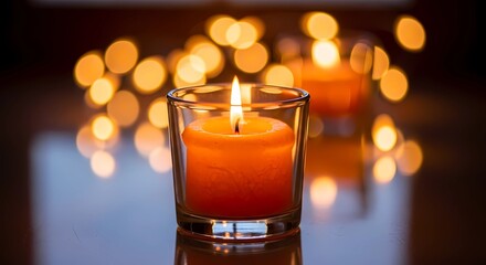 Close up of a lit orange candle in a glass holder with bokeh lights in the background indoors scene