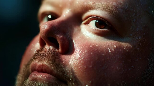 A close-up visual journey showcasing the raw emotion and intense experience of a man overcoming immense physical exertion, capturing the essence of determination and strength in each bead of sweat.