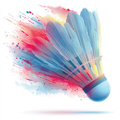Flat vector isolated shuttlecock illustration bursting with vibrant, abstract watercolor and speed lines in red, blue, and yellow. Dynamic sports concept.. Vector illustration