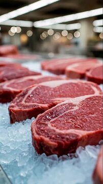 Close-up of raw ribeye steaks on ice. Vertical video of a fresh meat display in a supermarket. Quality beef for sale at the butcher counter