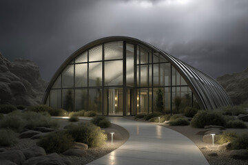 Fototapeta premium Modern architectural structure with a curved glass facade illuminated at night, surrounded by rocky terrain and desert vegetation, showcasing innovative design and harmony with nature