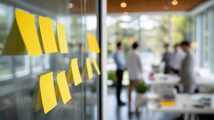 Yellow sticky notes on glass wall in modern office, with blurred group of professionals collaborating in background, showcasing teamwork and brainstorming in a creative environment