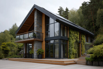 Modern architectural house with large glass windows, wooden accents, and lush greenery surrounding the exterior, showcasing sustainable design and contemporary living