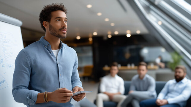 African American man in a light blue shirt presents ideas to an engaged audience in a modern office setting, showcasing effective communication and leadership skills