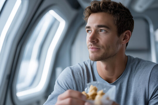 Young man with light brown hair, wearing a gray shirt, enjoys a snack while gazing thoughtfully out of a modern aircraft window, reflecting on his journey and experiences - Powered by Adobe
