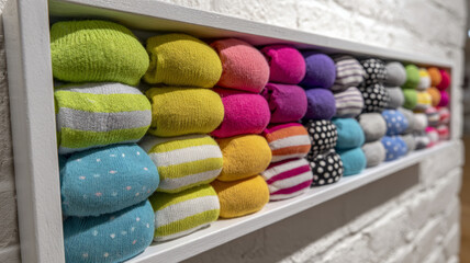 Colorful socks neatly arranged on a shelf.
