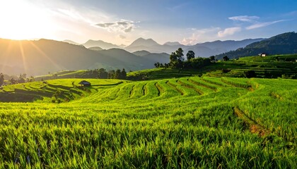 Green terraced rice fields ascend towards misty mountains under a bright, warm sun in a rural setting