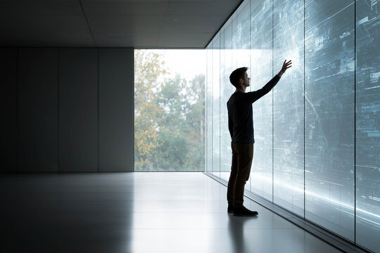 Young man interacting with futuristic digital interface, standing in modern minimalist space, illuminated by natural light, showcasing advanced technology and innovation concepts