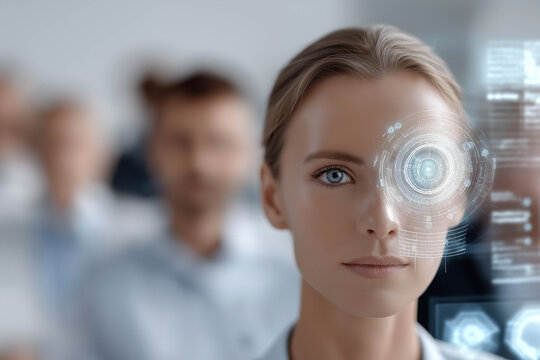 Female professional with digital interface overlay, showcasing advanced technology and innovation in a modern conference setting, emphasizing the future of artificial intelligence and human interactio - Powered by Adobe