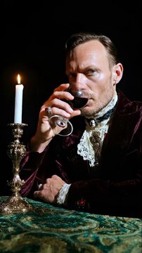 A man in a historical costume drinking red wine by candlelight. Dramatic portrait of an aristocrat or vampire in a dark room with a black background