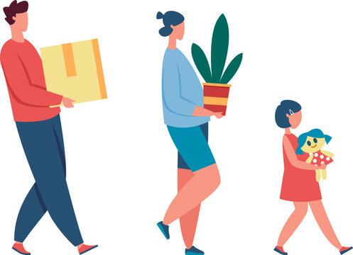 Family moving home carrying boxes and plant