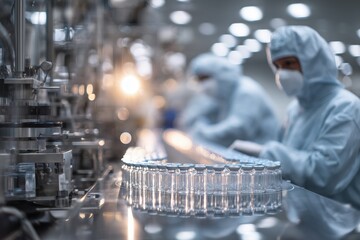 Pharmaceutical Vaccine Production in Modern Laboratory. Automated laboratory innovations in pharmaceutical manufacturing cleanroom biotechnology enhancements. High quality