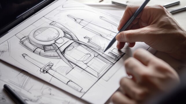 Hand meticulously sketching a futuristic spacecraft concept on drawing paper