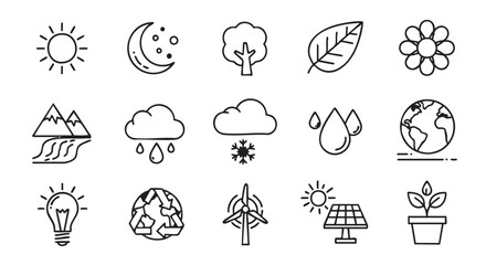 Hand Drawn Icons Representing Different Environmental Elements for Graphic Design