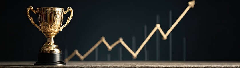 A shiny trophy stands next to a rising graph, symbolizing success, achievement, and progress in a competitive environment.