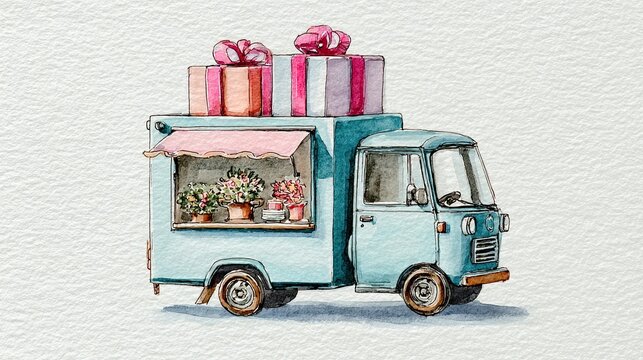 A charming illustration of a blue food truck topped with colorful gift boxes, featuring a window displaying various flowers and plants.