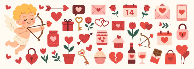 Valentines day elements illustrations vector set. Cute cartoon clipart for day of lovers.