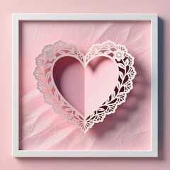 Delicate Pink Paper Cutout Lace Heart Shape Inside a White Square Picture Frame on a Textured Pink Background