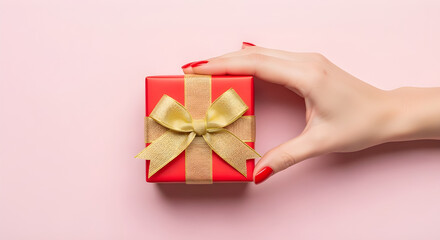 Red manicured hand holding elegant red gift box with gold bow on soft pink background, close-up festive celebration scene, bright cheerful lighting, luxury present detail, holiday surprise concept