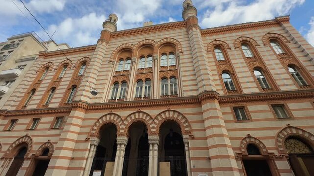 Main facade of Rumbach Street Synagogue in Budapest, Hungary