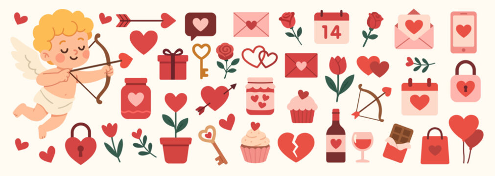 Valentines day elements illustrations vector set. Cute cartoon clipart for day of lovers.