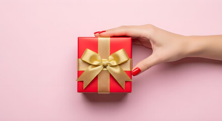 Red manicured hand holding elegant red gift box with gold bow on soft pink background, close-up festive celebration scene, bright cheerful lighting, luxury present detail, holiday surprise concept
