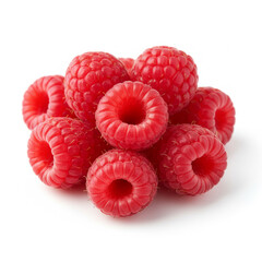 cluster of eight ripe, bright red raspberries. The unique element is the delicate, velvety texture and the tiny individual drupelets