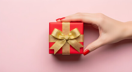 Red manicured hand holding elegant red gift box with gold bow on soft pink background, close-up festive celebration scene, bright cheerful lighting, luxury present detail, holiday surprise concept