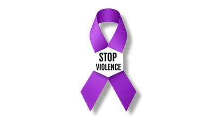 A purple ribbon with stop violence text on a white hexagon shape in the center on a white background