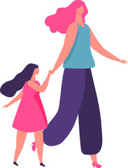 Mother and daughter walking together holding hands illustration