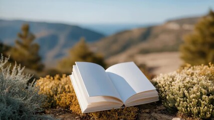 Photographer holding open white book mockup outdoors with blurred natural background — perfect for creative portfolio mockups, lifestyle branding templates, and author promotion visuals. cinematic