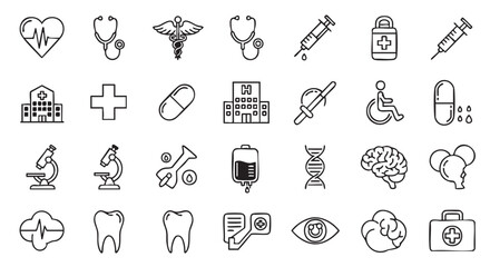 Healthcare and Medical Icons Set Black and White Outline Style