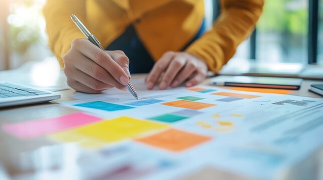 Creative professional designing user interface with color palette and layout sketch