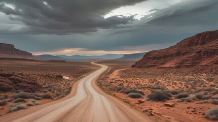 Fototapeta premium Winding Road to the Horizon: A solitary road snakes through a vast, arid landscape under a dramatic, cloud-filled sky, leading the viewer towards the distant horizon and inviting exploration.