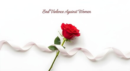 A single red rose with green leaves and a pale pink ribbon on a white background with text above it