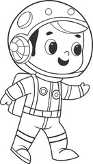 Adorable line art illustration of a cartoon astronaut for kids. coloring page for children's books, isolated on a white background