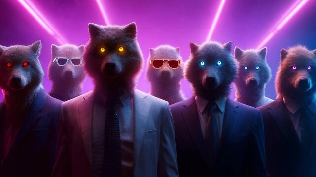 A striking visual of anthropomorphic wolves in suits poised against a vibrant background, with laser beams cutting through a colorful haze, creating an atmosphere of mystery and style.