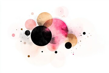 Various sized circles overlap each other with pink, brown, and black watercolor textures against a plain white background.