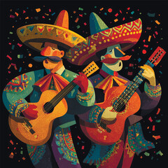 Flat vector of two Mariachi musicians in colorful sombreros and traditional attire playing guitars, set against a dark background with confetti. Festive music theme.. Vector illustration