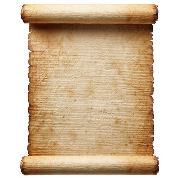 Ancient scroll with detailed text and textured paper isolated on black background representing history and knowledge with aged parchment and rolled edges