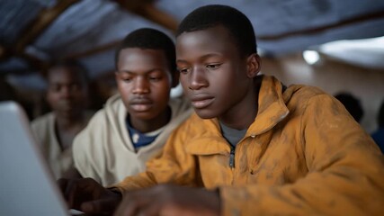 Refugee students focused on laptops inside a digital learning hub powered by solar energy, symbolizing education through technology, inclusion in modern learning systems, and access to knowledge - Powered by Adobe