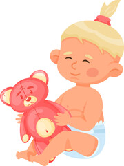 Smiling baby holding pink teddy bear illustration